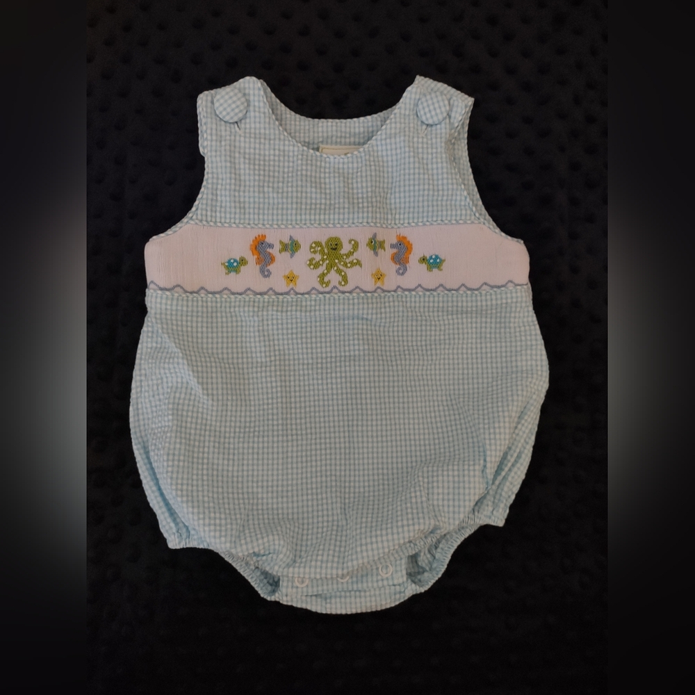 EUC Zuccini Kids Smocked Seersucker Bubble Romper 12m